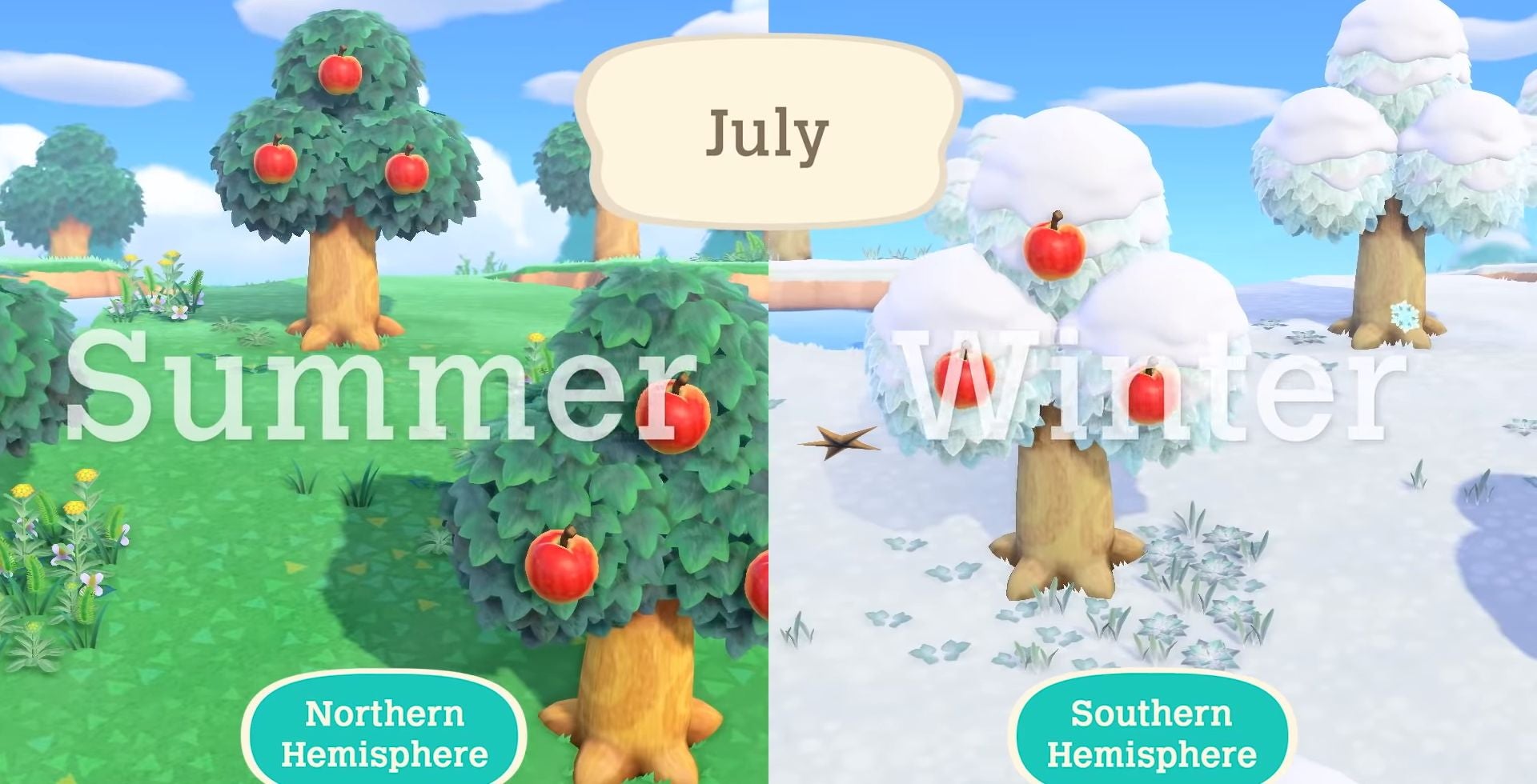 Animal Crossing seasons, northern and southern hemispheres in New